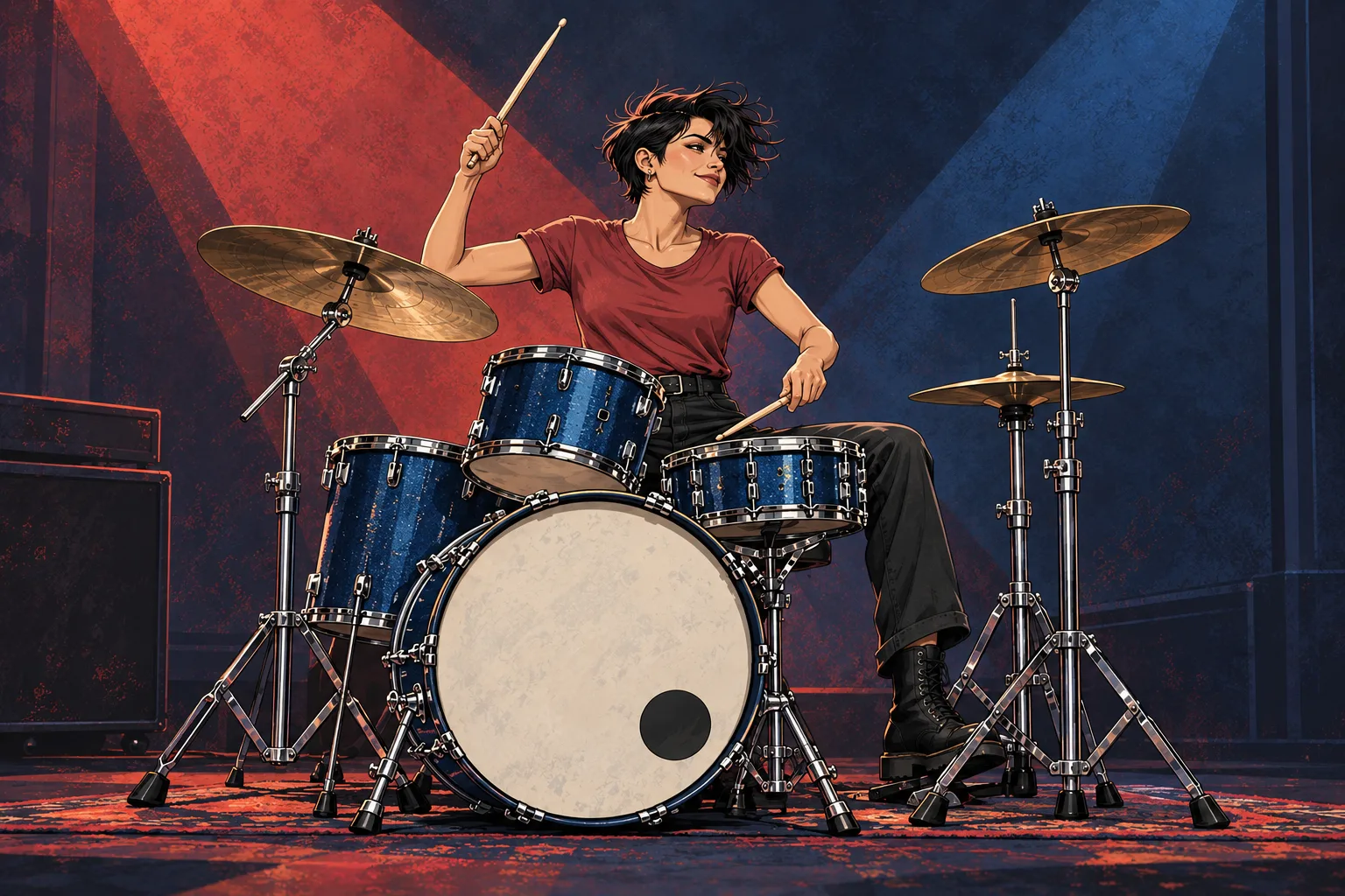 Fiktive Drummerin an einem blauen akustischen Drumkit, im freigegebenen Editorial-Comic-Stil.